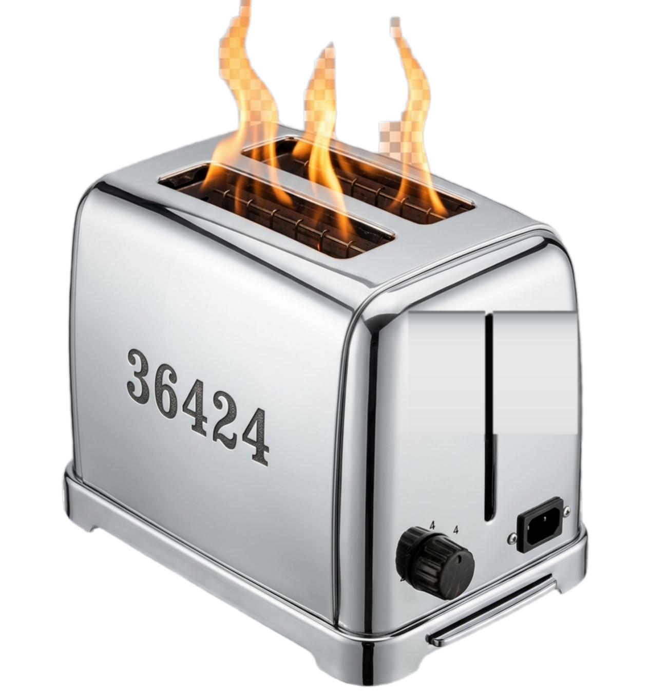 Chrome toaster stamped 36424, flames rising from its slots